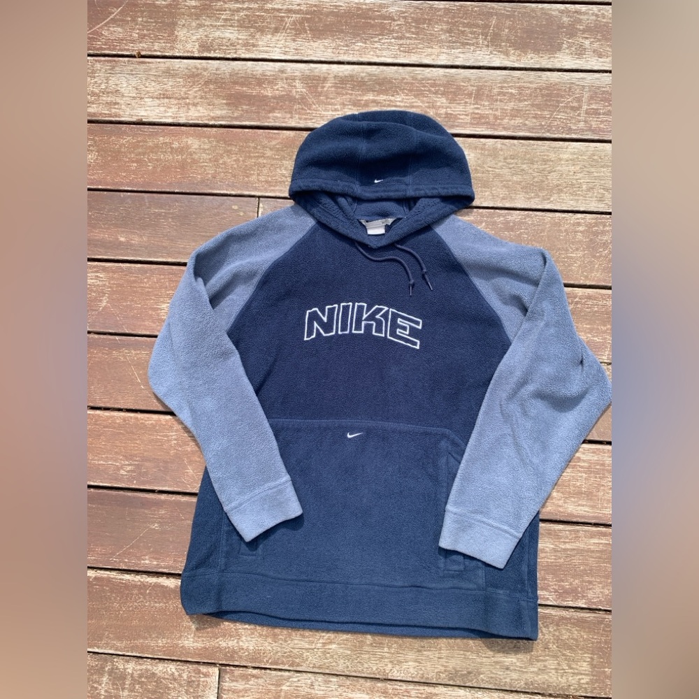 Vintage Mens Nike Spellout Fleece Hoodie XL Swoosh Y2K Navy Blue White